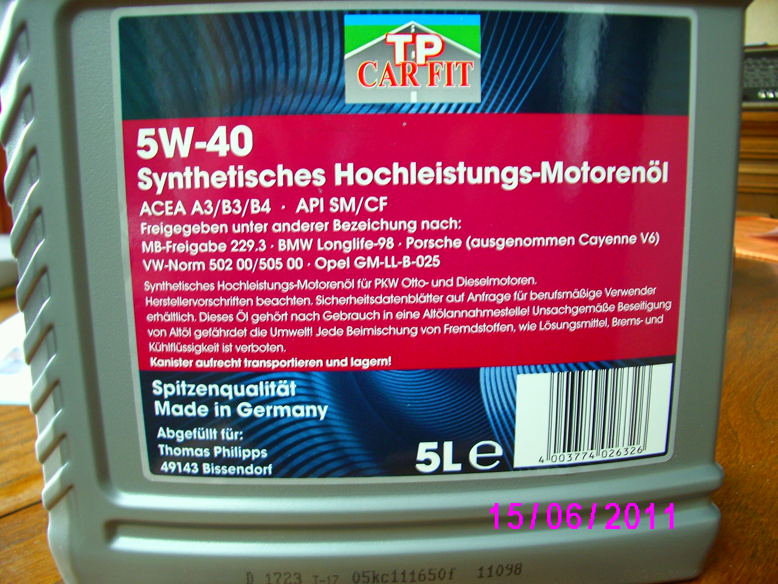 5 Liter TP Auto Motorenöl 5W-40 HC-Synthetisches Hochleistungs