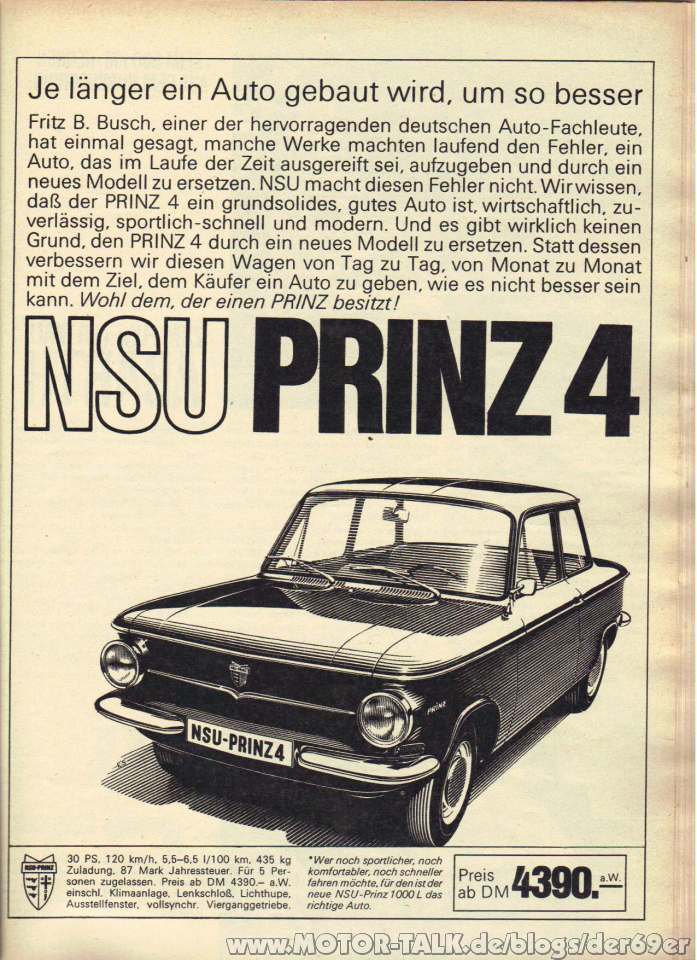 NSU Prinz 4 Werbung aus dem Jahr 1962 Gru Mario